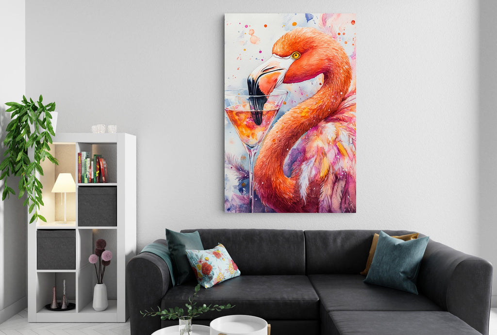 a large, colorful painting of a flamingo with a drink in its beak, hanging on a wall above a black couch with throw pillows.