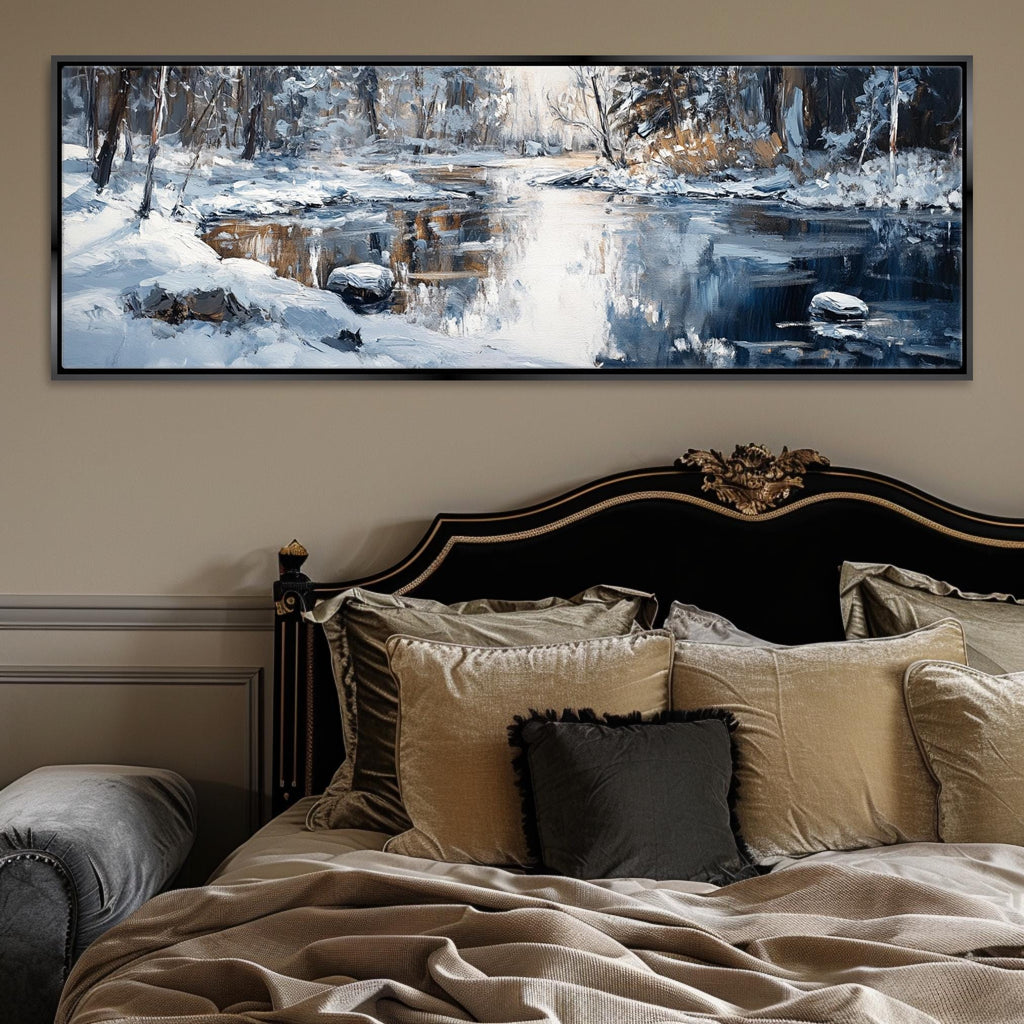 a painting of a winter scene on a wall above a bed