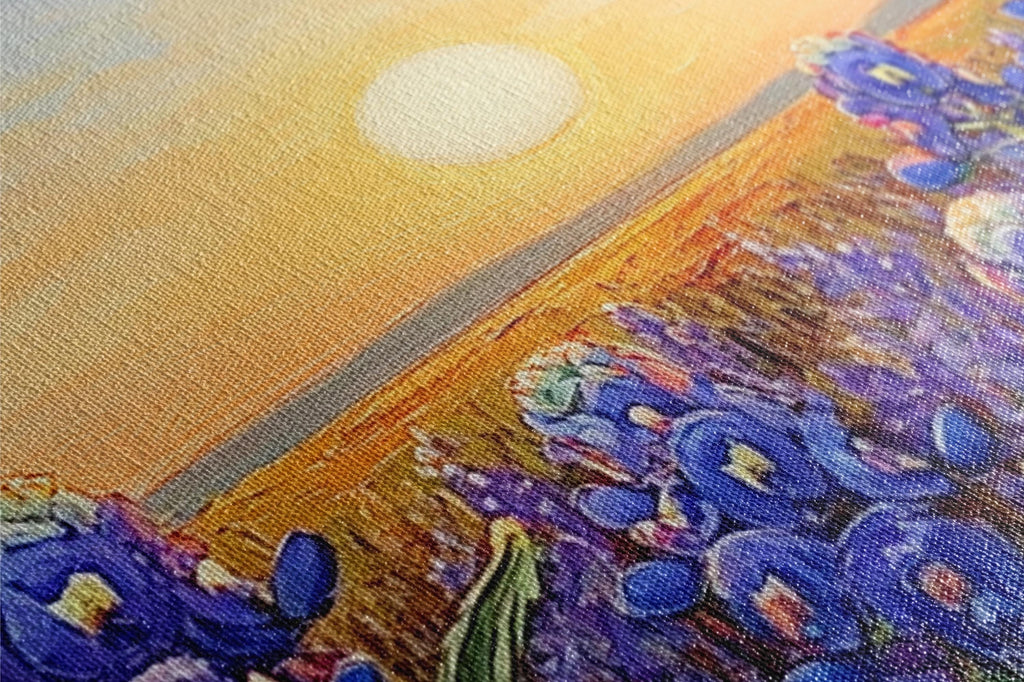 a painting of blue flowers in a field