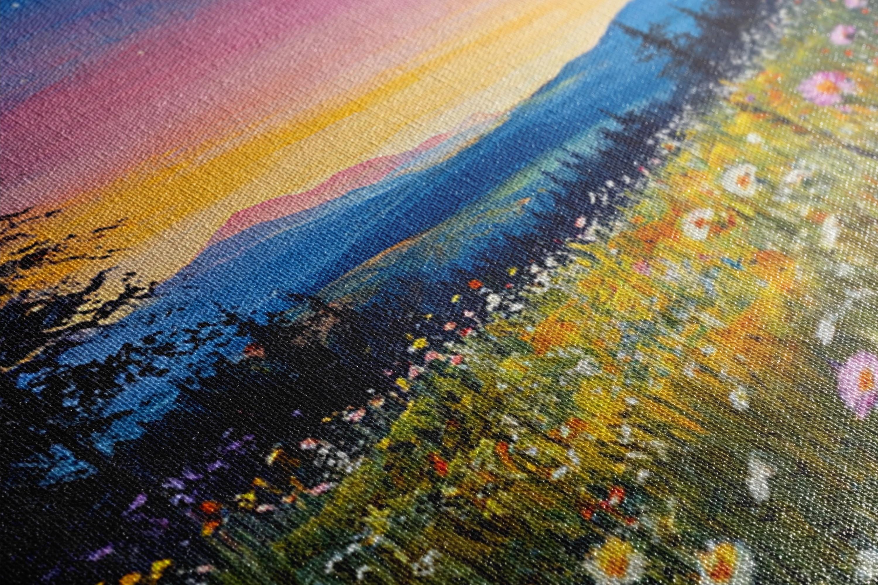 a painting of a field of flowers with a sunset in the background