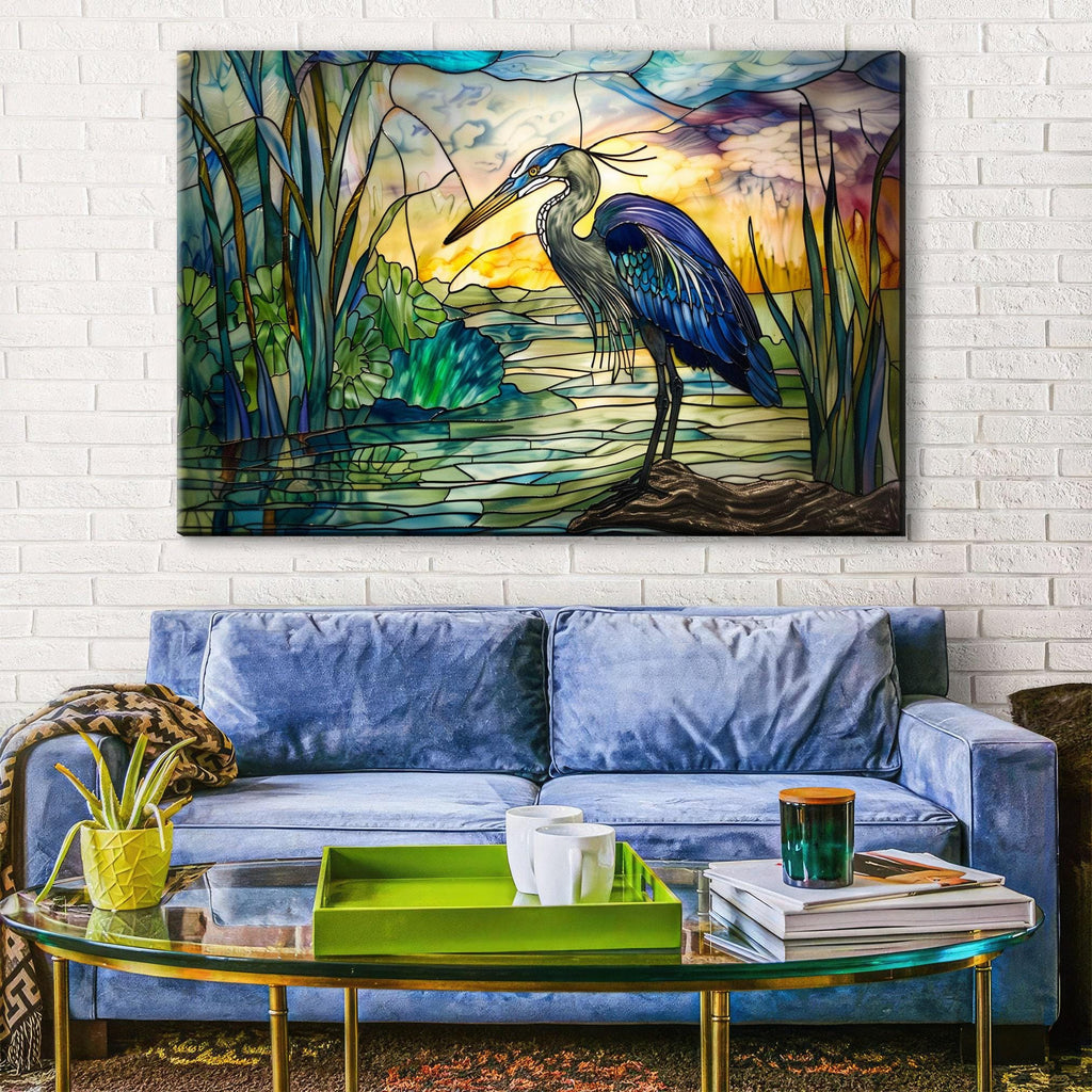 Blue Heron Wall Art - Large Stained Glass Canvas Print | Coastal Home Decor