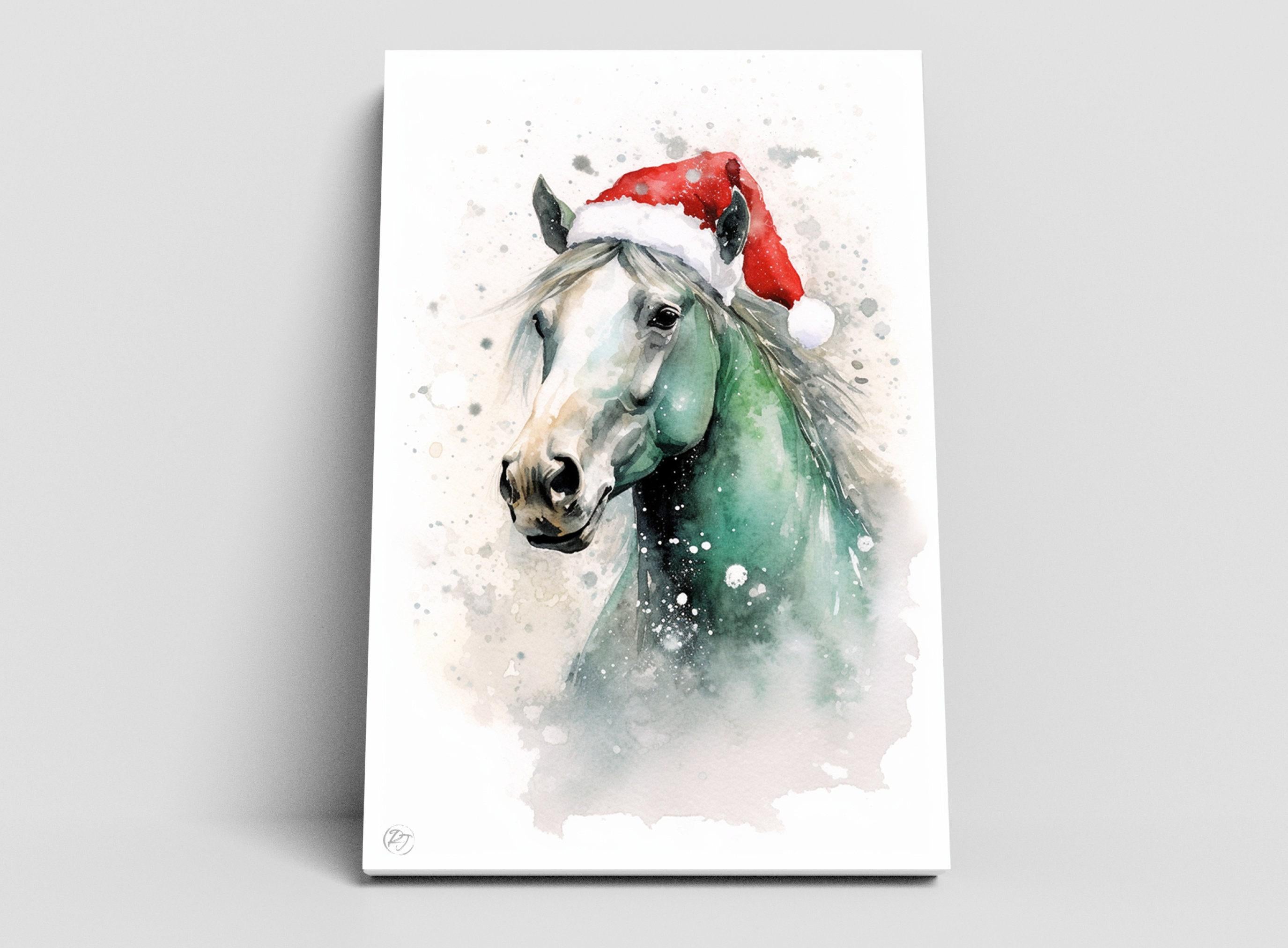 Festive Horse in Santa Hat Watercolor Art Print, Giclee Print on Canvas, Artist Paper, Watercolor Paper, Available in Extra Large Sizes