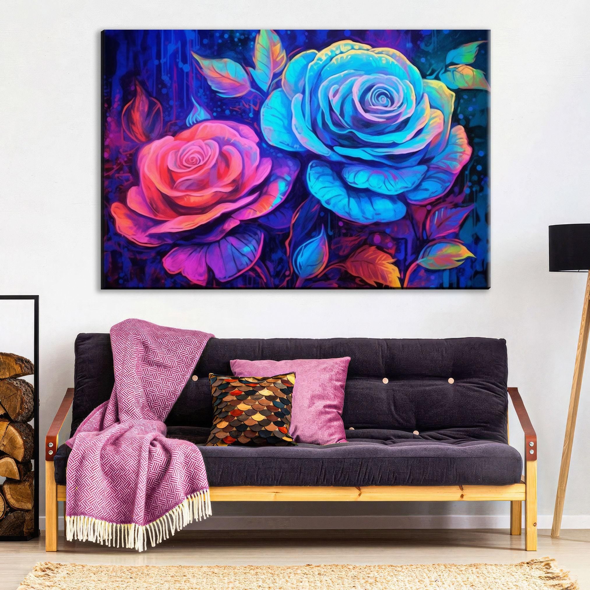 Neon Oil Painting - Large Canvas Wall Art | Colorful Roses Art, Blacklight Style