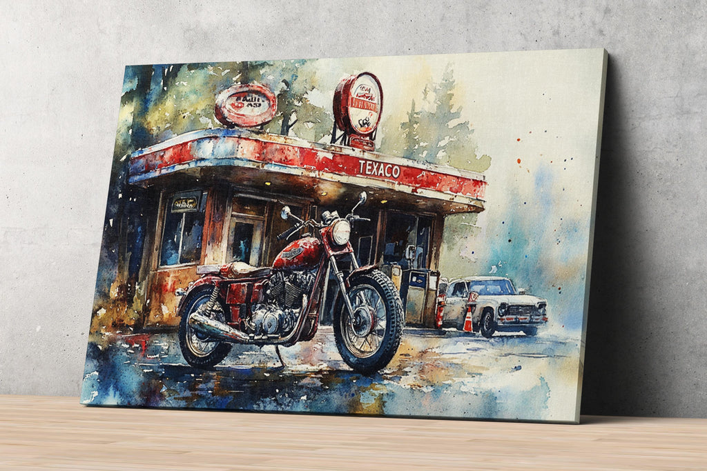 The image is a painting depicting a motorcycle parked in front of a gas station, with a car parked in the background.