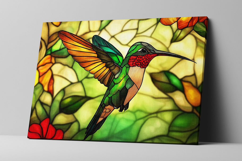a stained glass picture of a hummingbird in flight