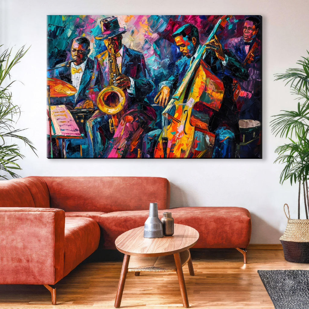 Jazz Canvas Print – Vibrant New Orleans Jazz Band Painting on Gallery Wrapped Canvas