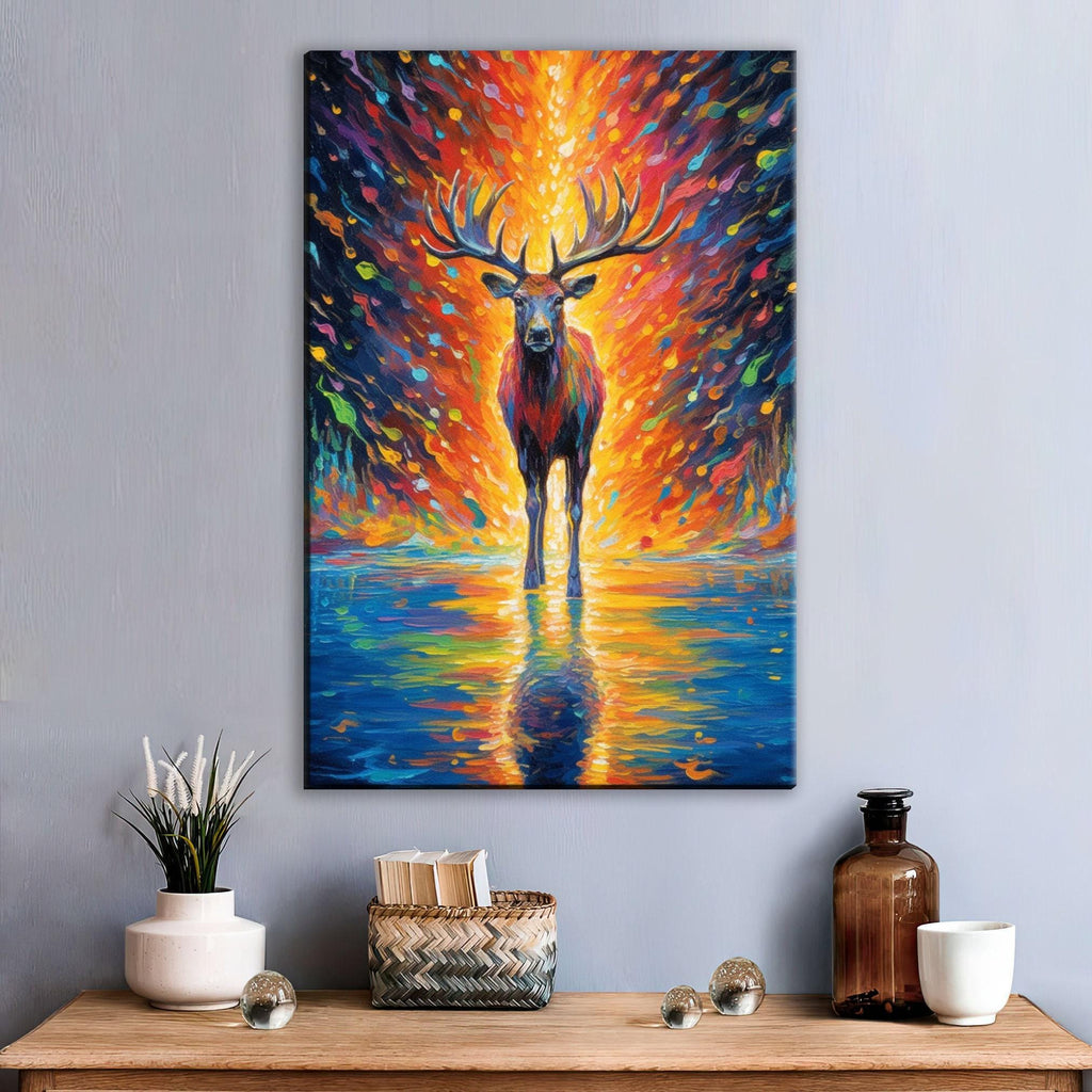 Colorful Reindeer Painting - Large Giclee Canvas Print | Holiday Wall Art