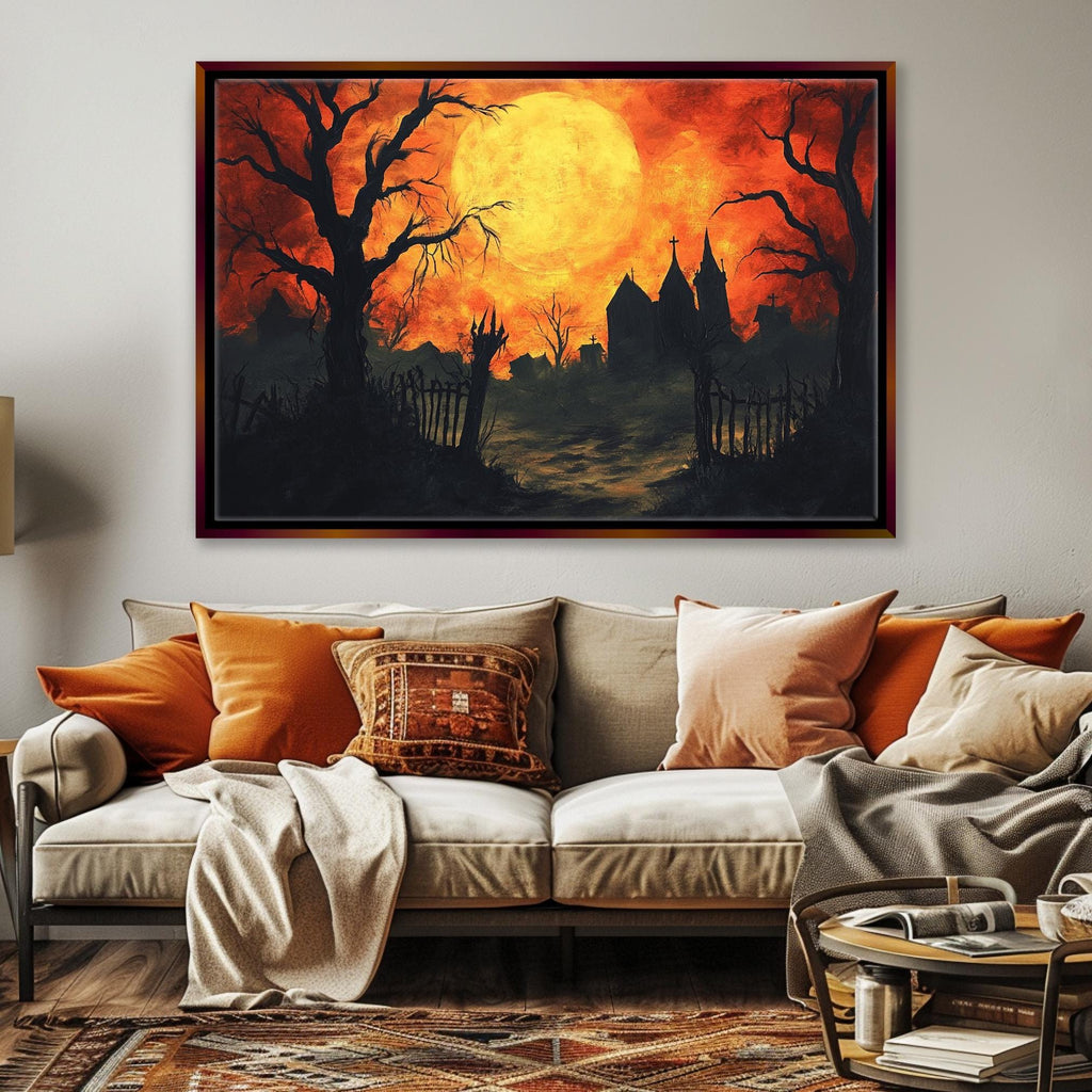 Halloween House Canvas - Extra Large Framed Gothic Wall Art | Orange Black Decor