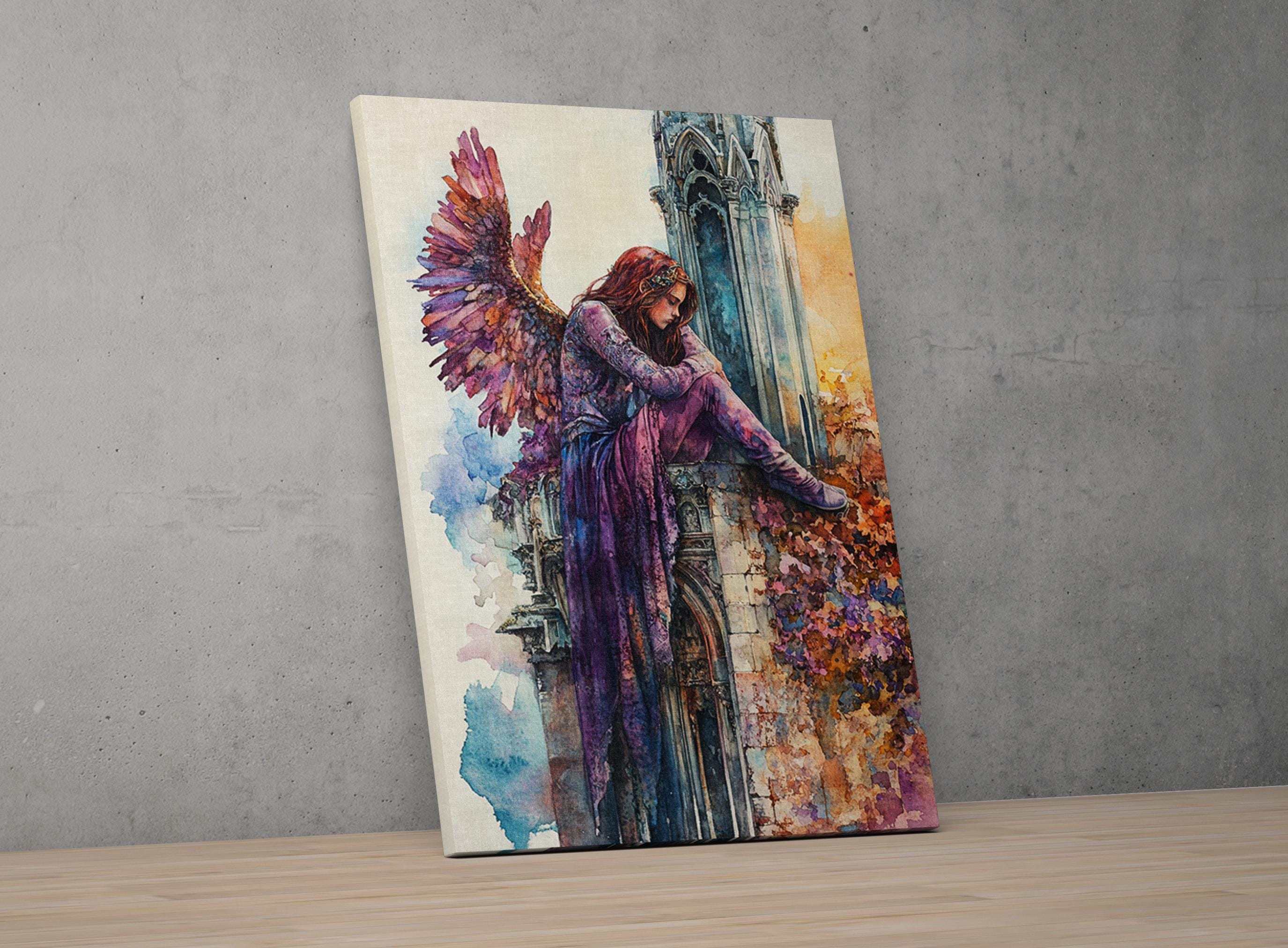 The image is a painting of a woman with a large, colorful wing, standing on a stone wall with a Gothic-style building in the background.