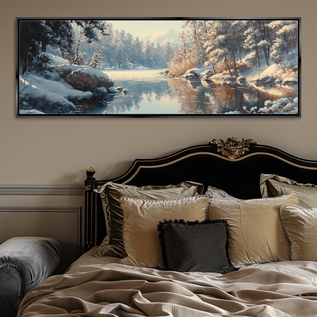 a bed with a painting on the wall above it