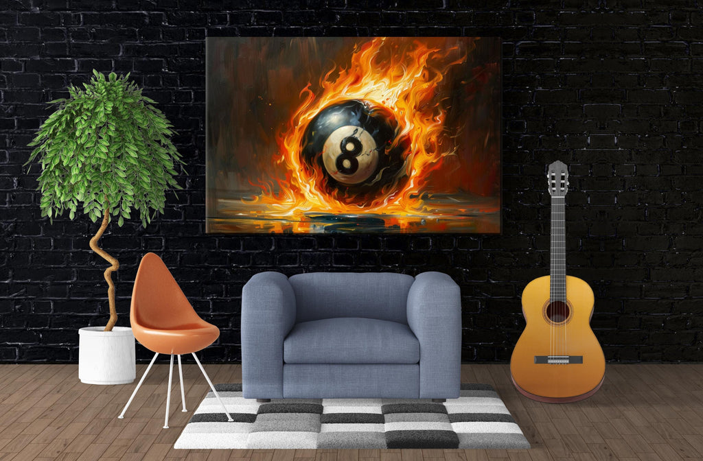 Flaming 8 Ball Wall Art – Extra Large Gallery Wrapped Canvas for Game Room Decor