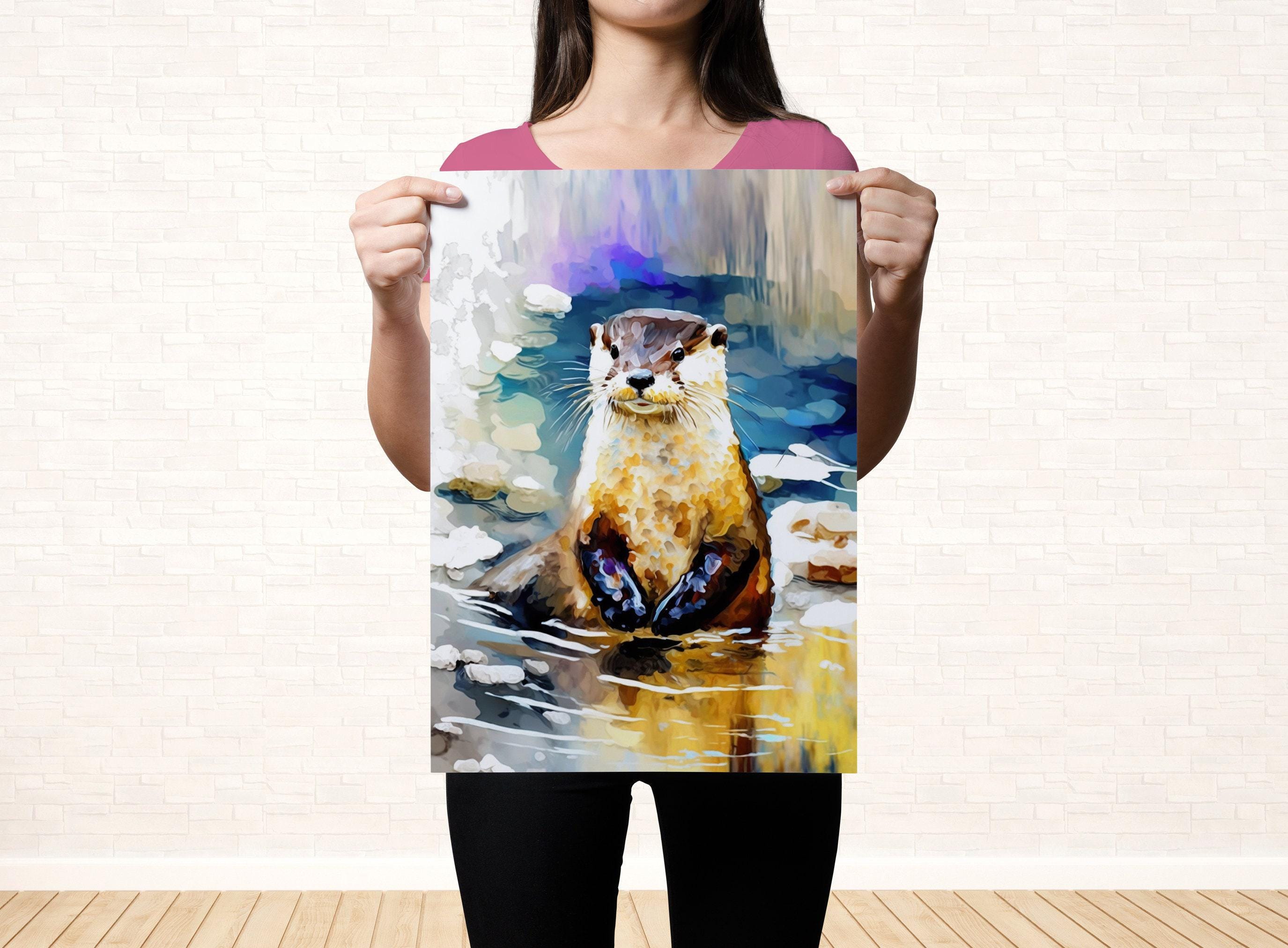 Playful River Otter: Watercolor Otter Wall Art Print, Giclee Print on Canvas, Artist Paper, Watercolor Paper, Available in Extra Large Sizes