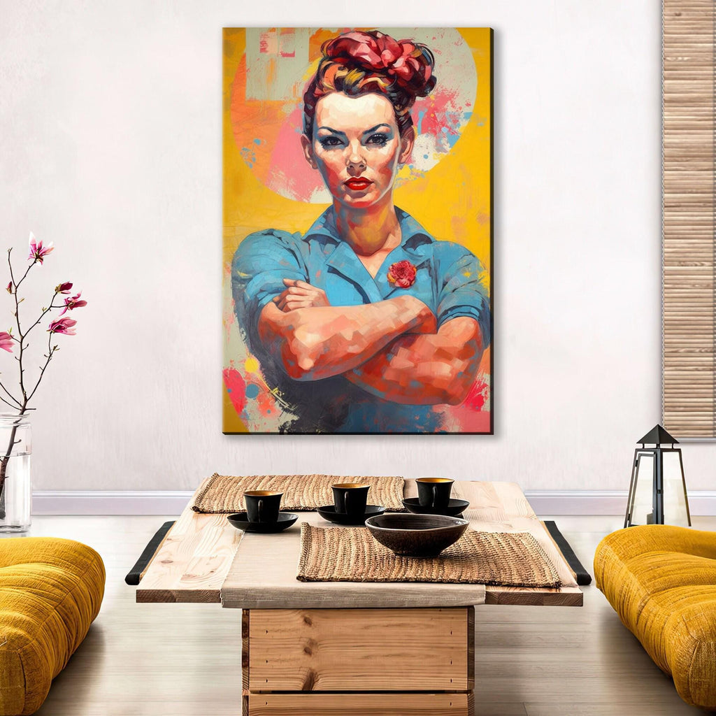 a large, colorful painting of a woman with her arms crossed, hanging on a wall above a wooden coffee table.