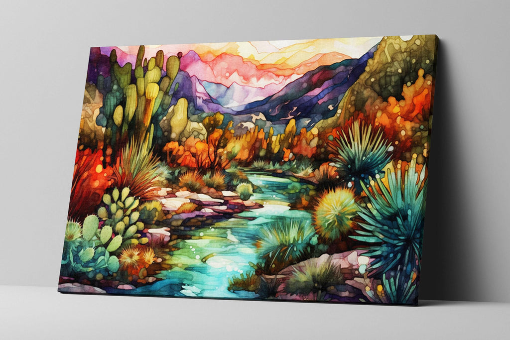 The image is a vibrant watercolor painting depicting a lush, colorful landscape with a winding river, mountains, and various plants and flowers.