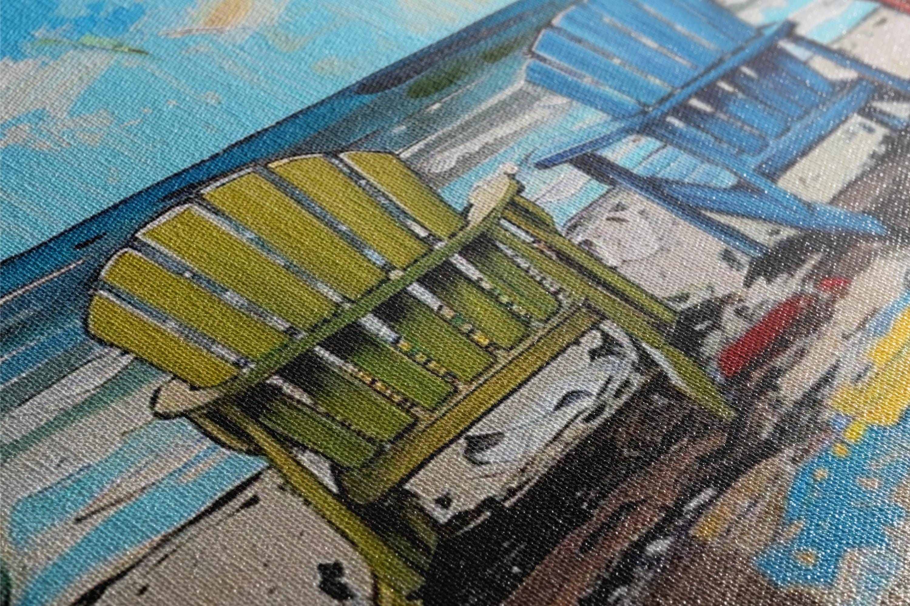 a painting of a green chair on a beach