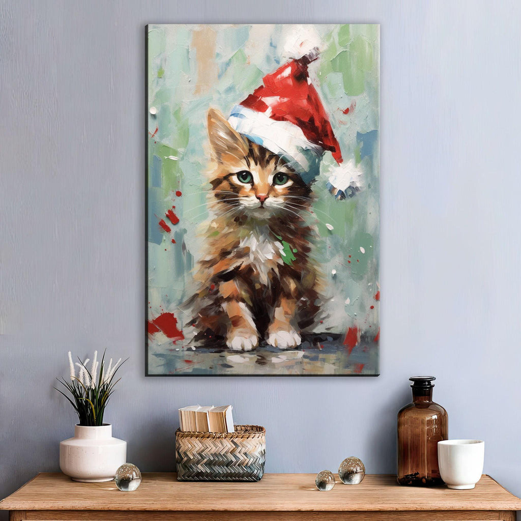 Santa Hat Kitten Painting - Festive Christmas Canvas Art | Gallery Wrapped Giclee Print
