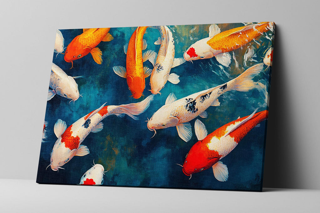 a painting of a group of koi fish swimming in a pond
