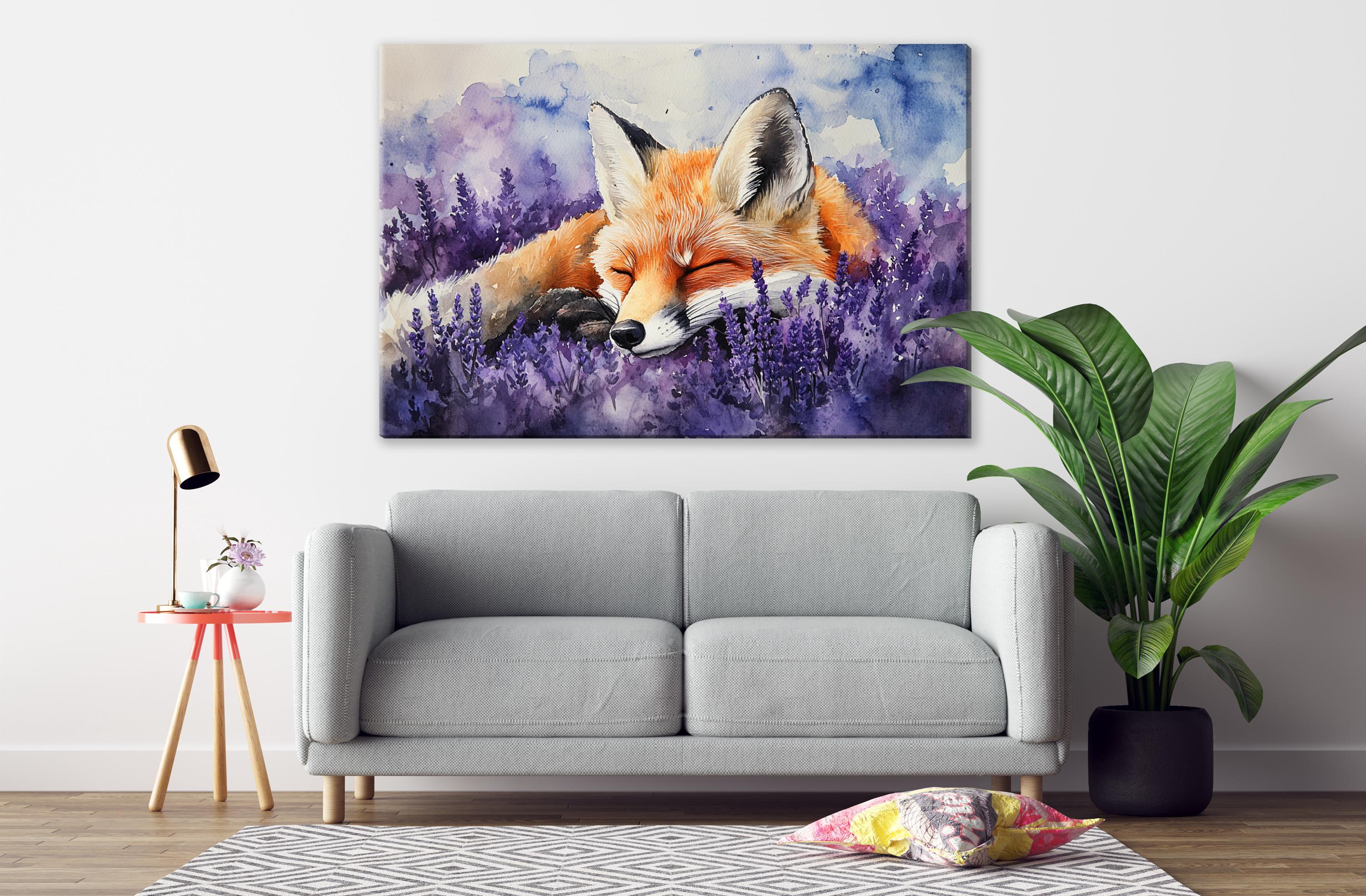 a gray sofa with a large painting of a sleeping fox in a field of purple flowers hanging above it.