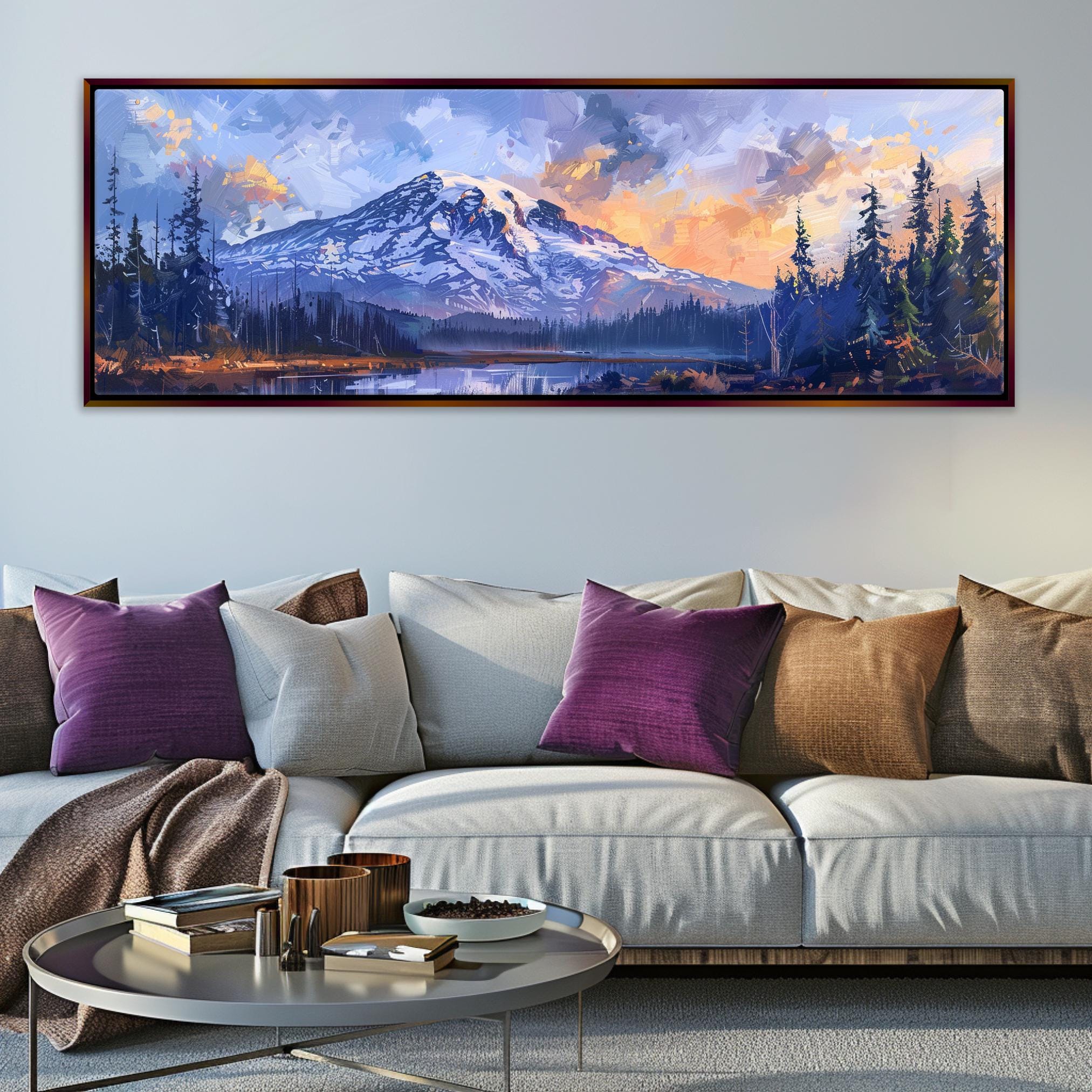 a living room with a couch and a painting on the wall