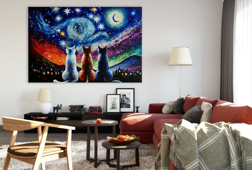 a cozy living room with a large painting of cats gazing up at a starry night sky hanging on the wall. The room is furnished with a red couch, a wooden chair, and a coffee table with a bowl of fruit. The overall atmosphere is warm and inviting, with the painting adding a touch of whimsy and color to the space.