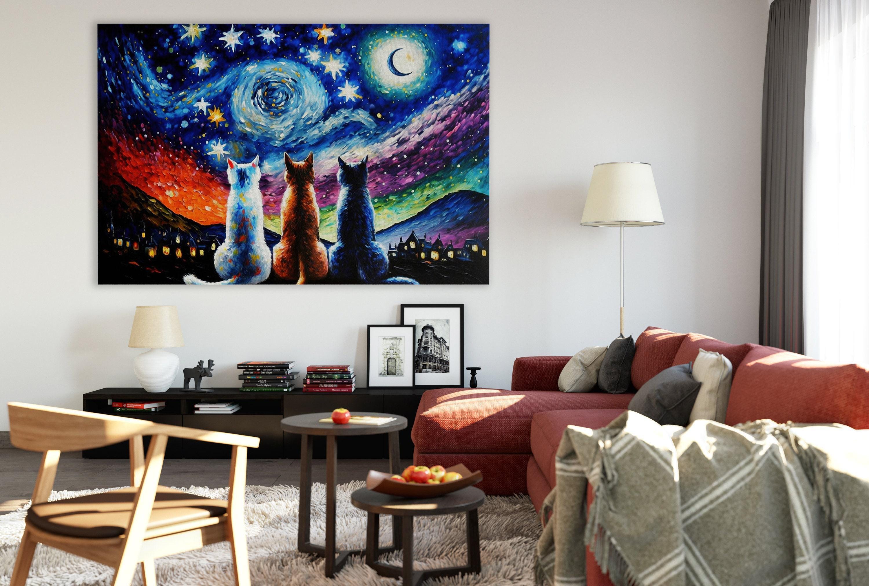 a cozy living room with a large painting of cats gazing up at a starry night sky hanging on the wall. The room is furnished with a red couch, a wooden chair, and a coffee table with a bowl of fruit. The overall atmosphere is warm and inviting, with the painting adding a touch of whimsy and color to the space.