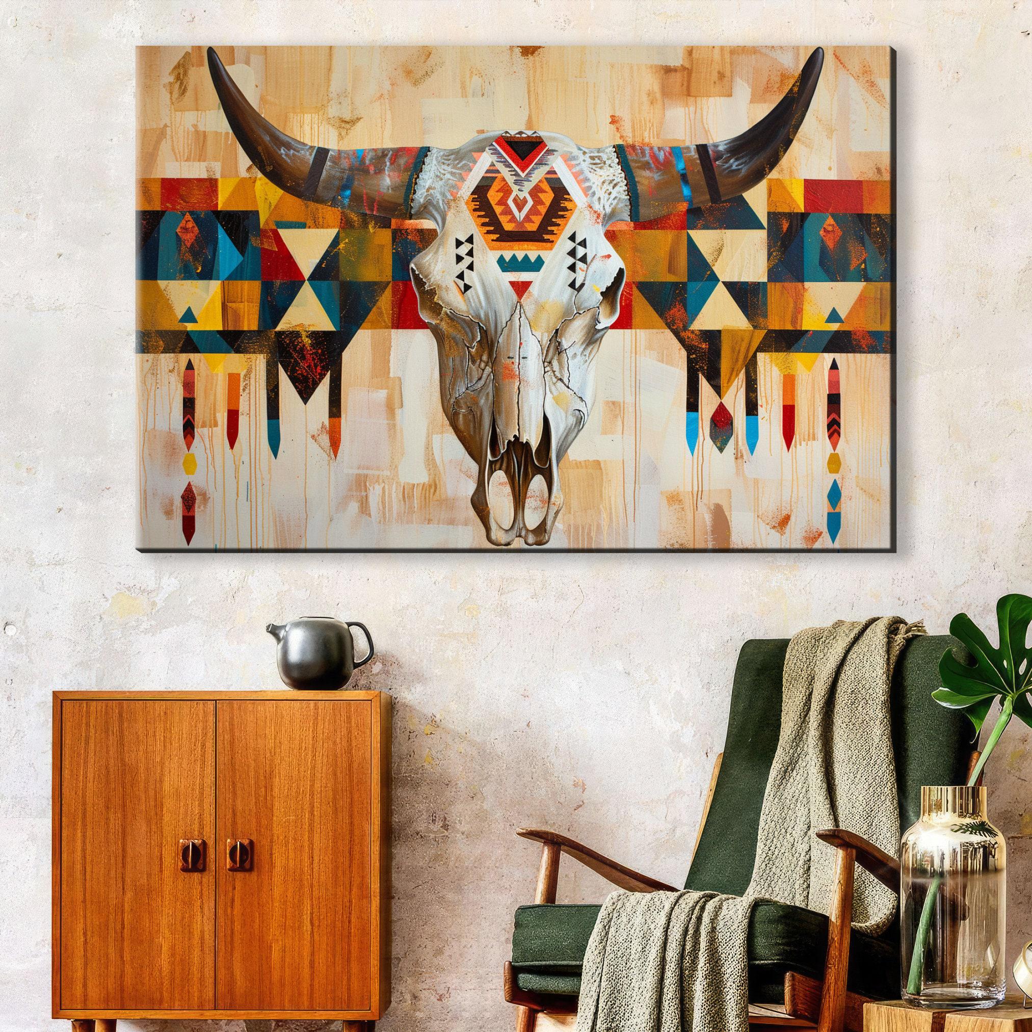 Tribal Cow Skull Art - Native Longhorn Canvas | Large Gallery Wrapped Wall Decor