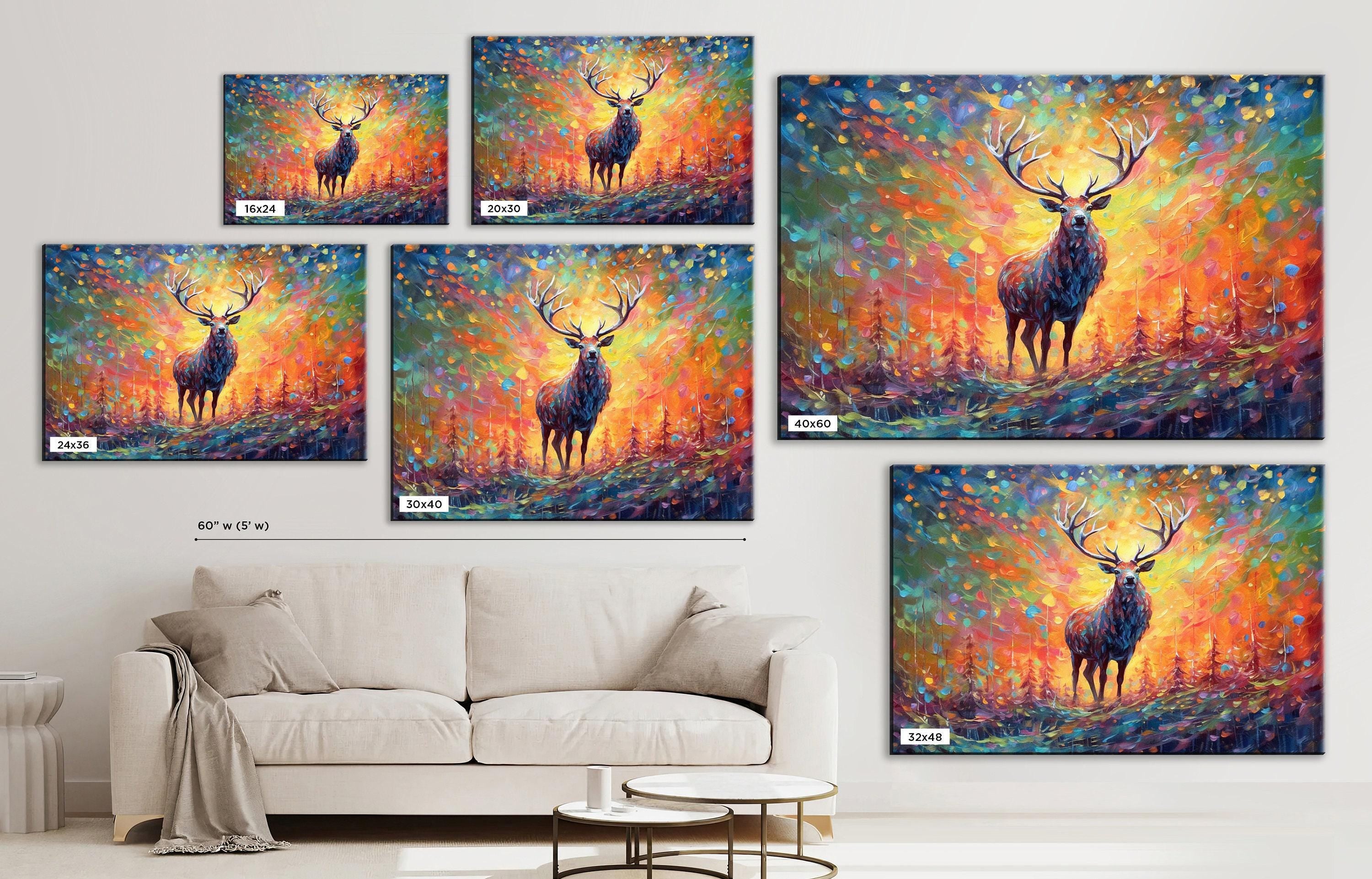 Colorful Reindeer Painting - Large Christmas Canvas Art | Rustic Holiday Wall Decor