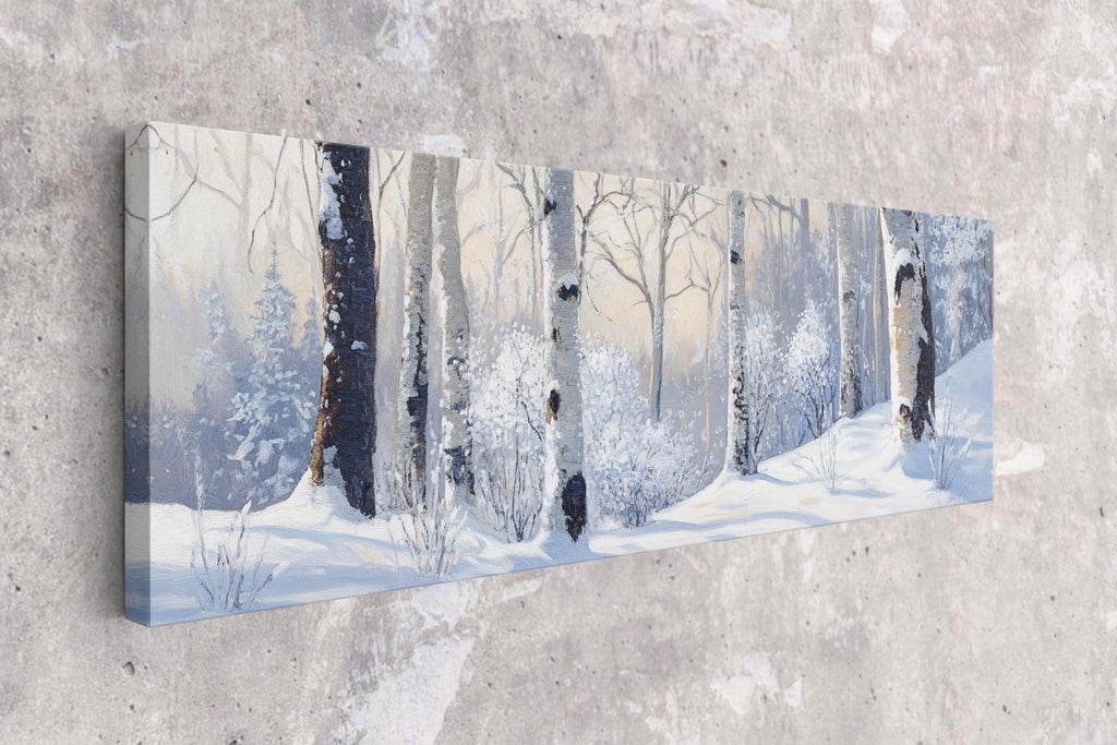 a painting of a snowy forest on a wall