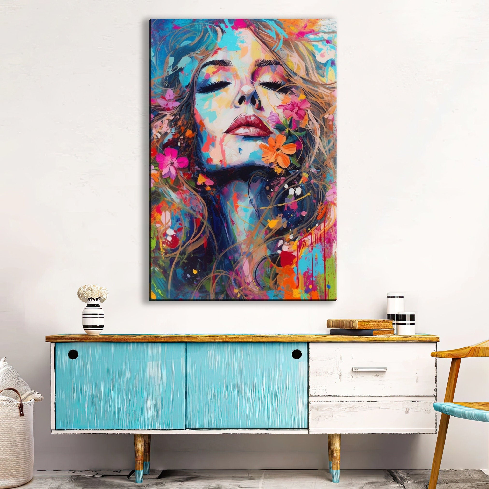 Woman Face Canvas - Large Floral Female Decor | Expressive Modern Art Print