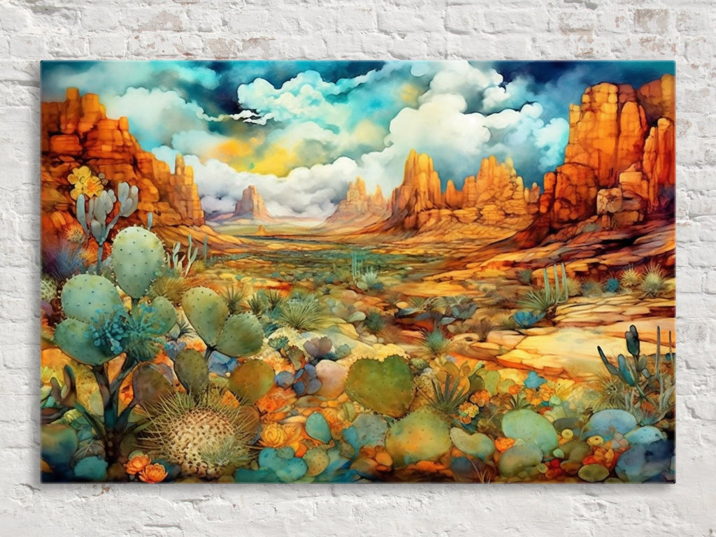 The image is a vibrant and colorful painting depicting a desert landscape with towering red rock formations, lush green vegetation, and a cloudy sky.