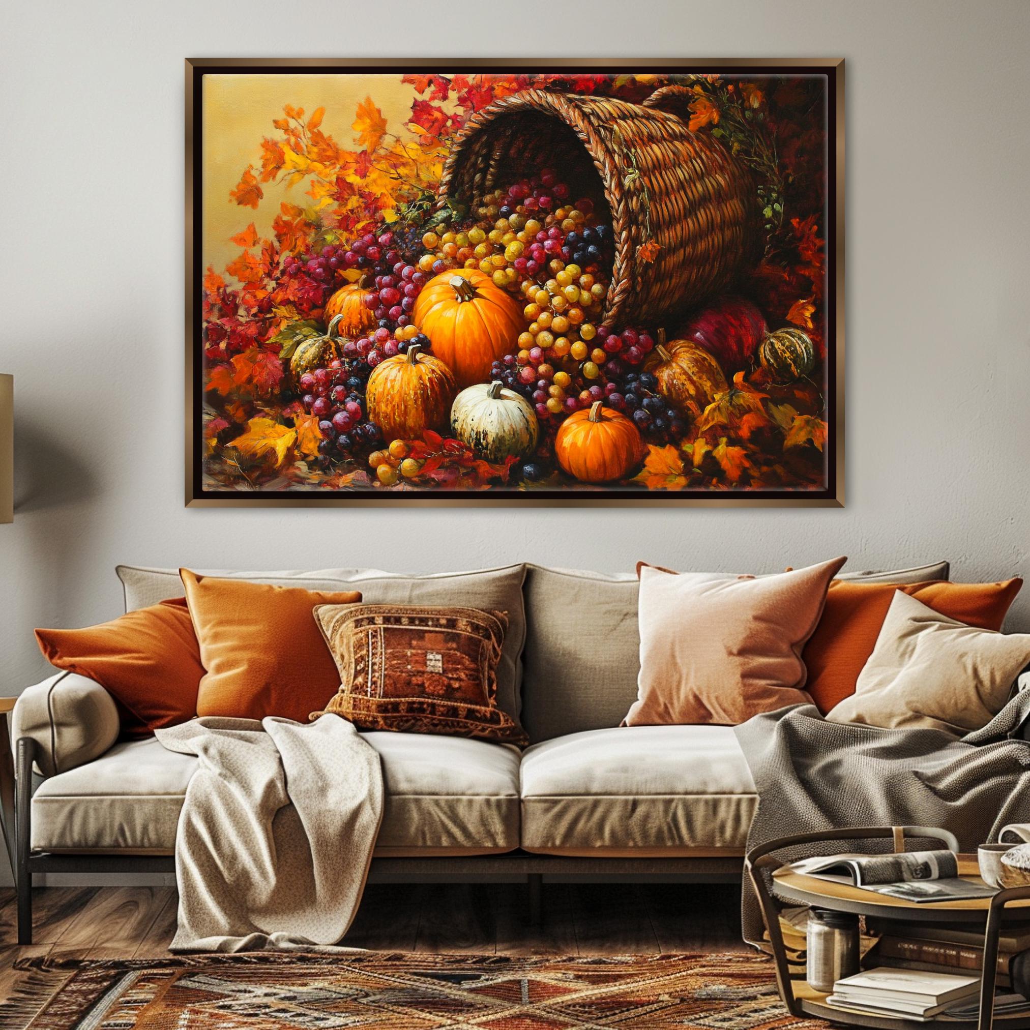 a cozy living room with a large, vibrant painting of a basket overflowing with autumn fruits and vegetables hanging on the wall above a beige sofa adorned with orange and beige pillows.