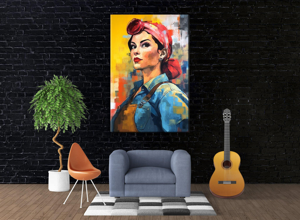 a large, colorful painting of a woman with a red headband, hanging on a black brick wall. In front of the painting, there is a gray armchair, a potted plant, and a guitar.