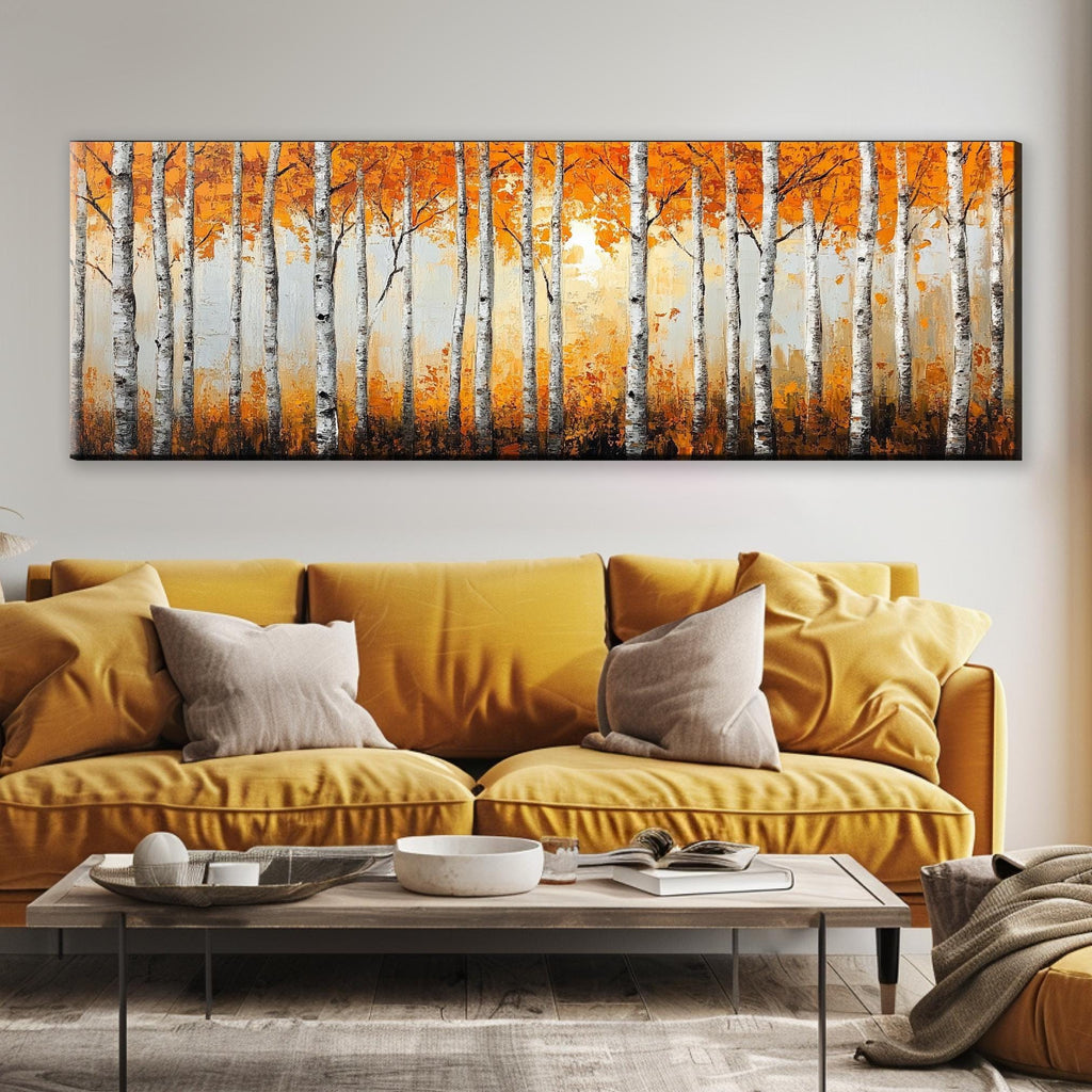 Birch Tree Wall Art – Large Framed Canvas Print with Orange Fall Leaves, Ready to Hang