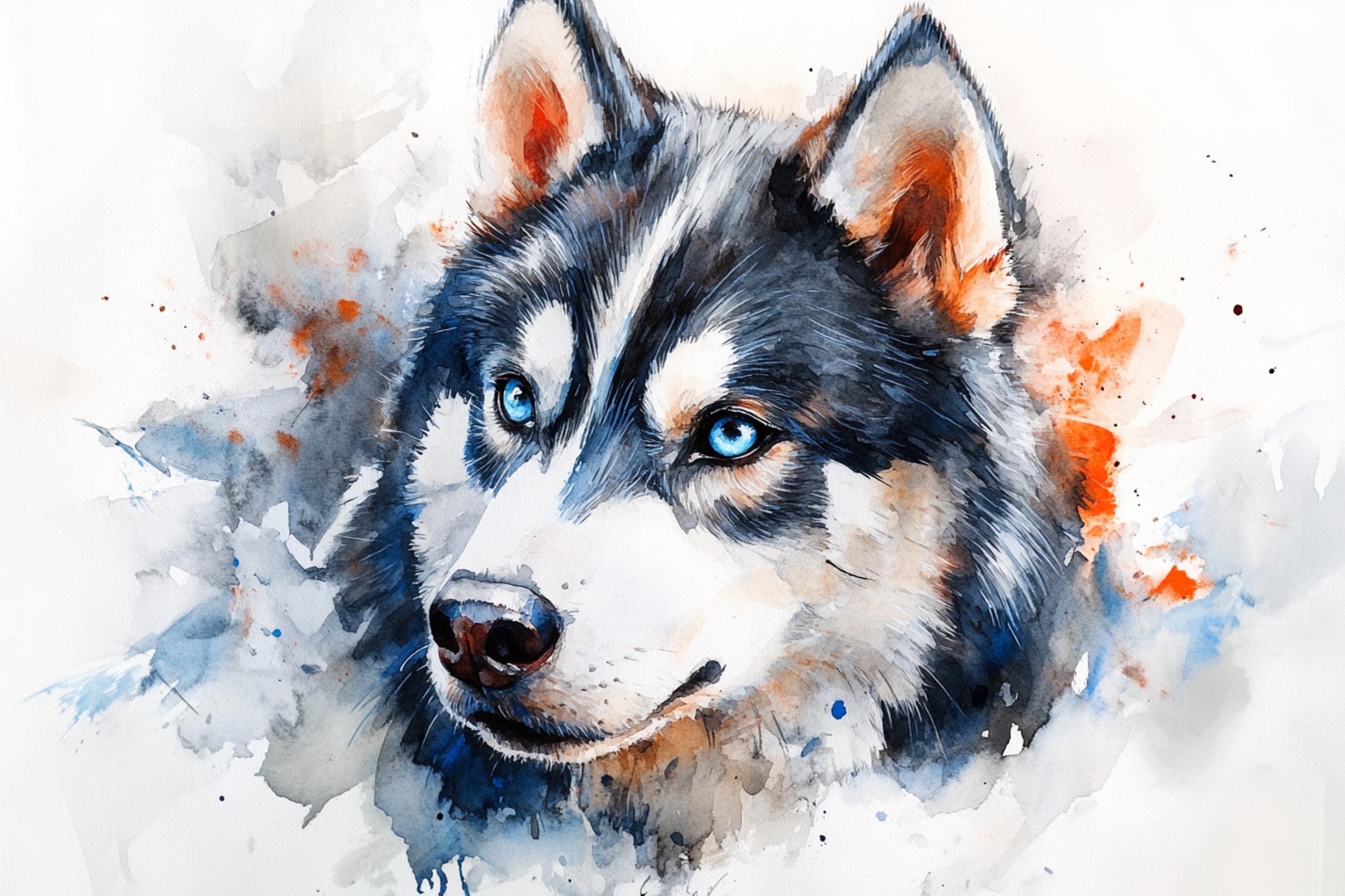 A watercolor painting depicting a close-up of a husky dog's face, with its striking blue eyes and distinctive markings.