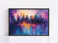 The image is a framed painting depicting a vibrant cityscape at night, with a colorful and dynamic skyline filled with tall buildings illuminated by bright lights.