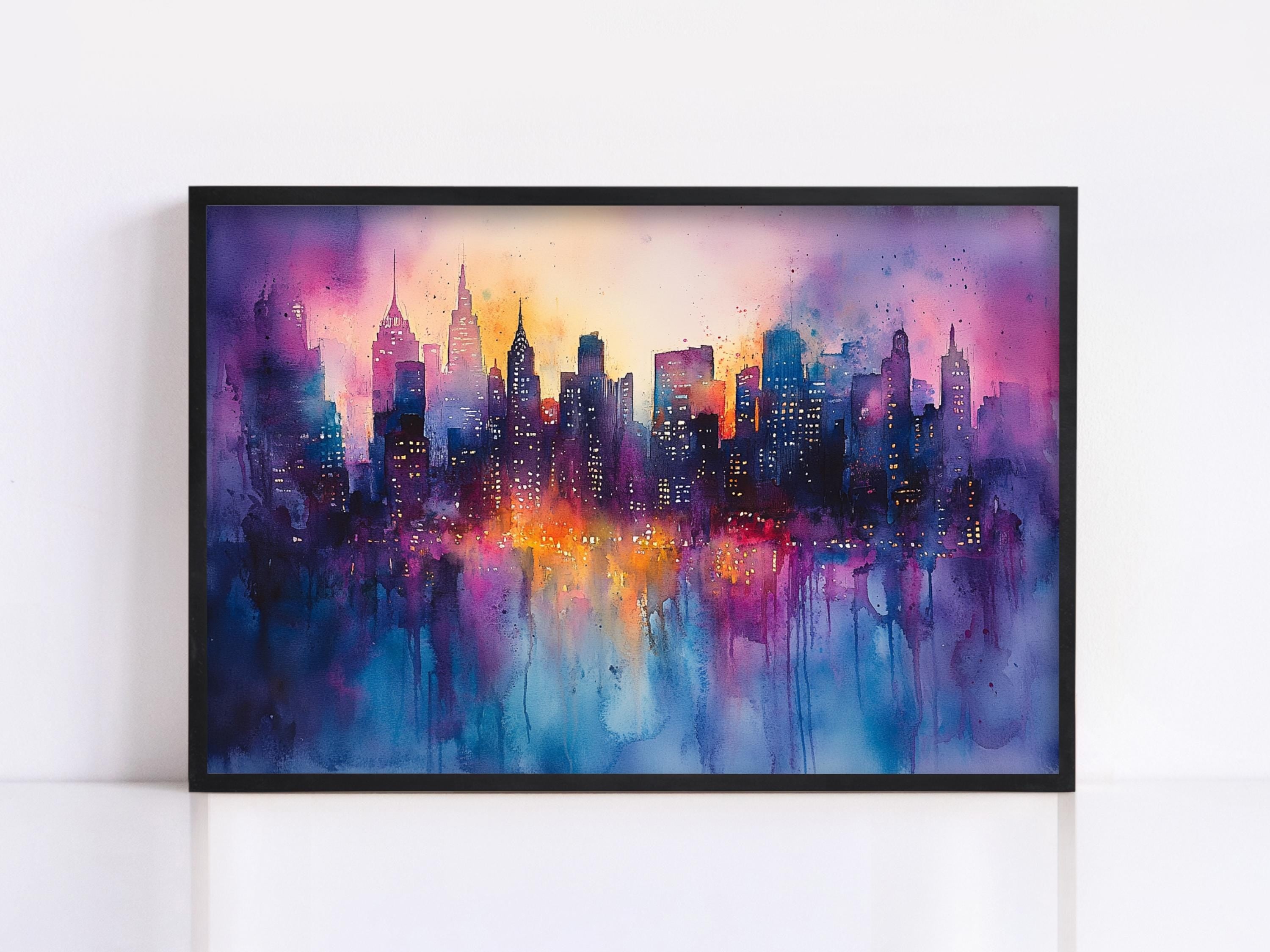 The image is a framed painting depicting a vibrant cityscape at night, with a colorful and dynamic skyline filled with tall buildings illuminated by bright lights.