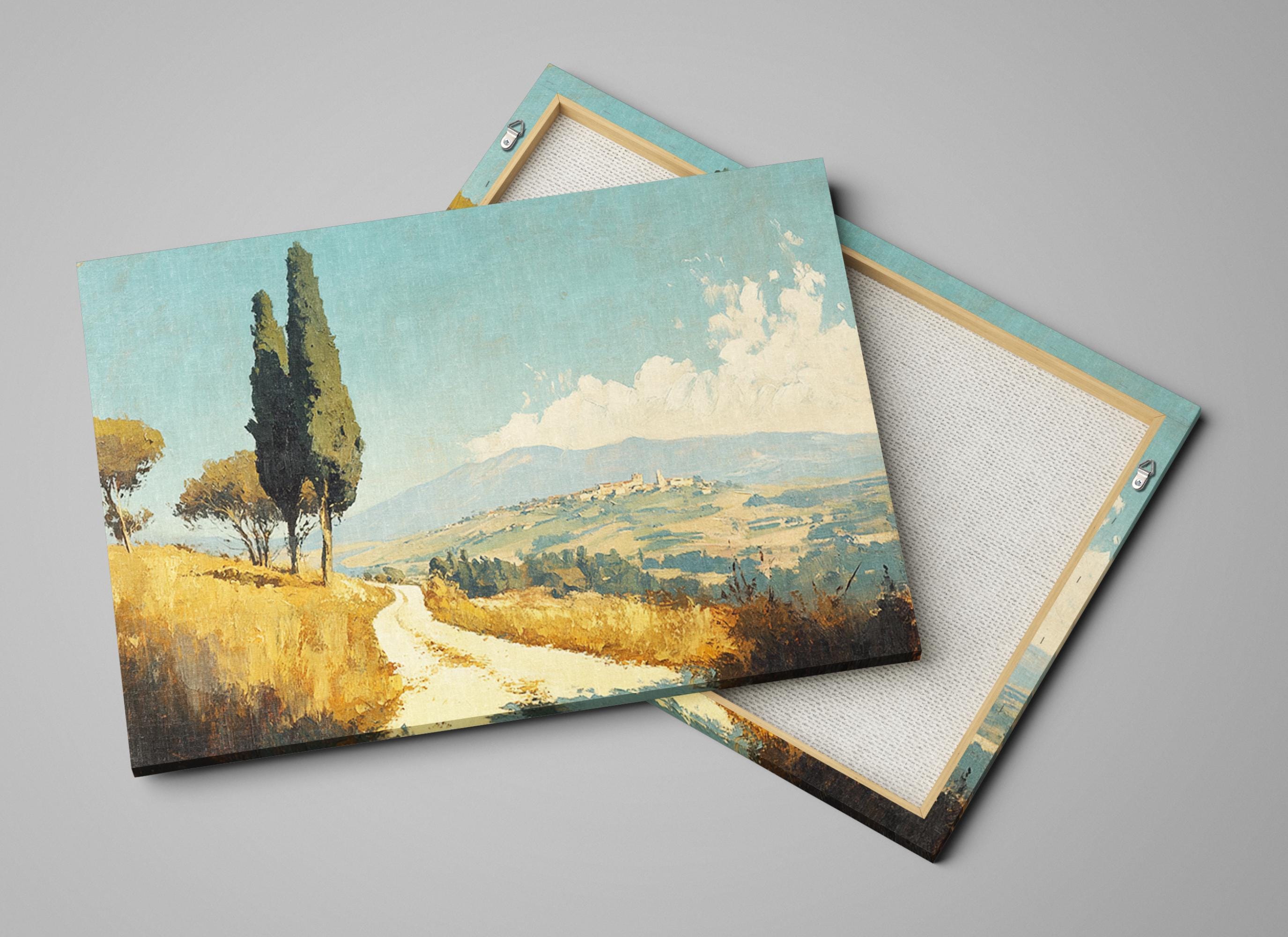 two paintings of trees and a dirt road