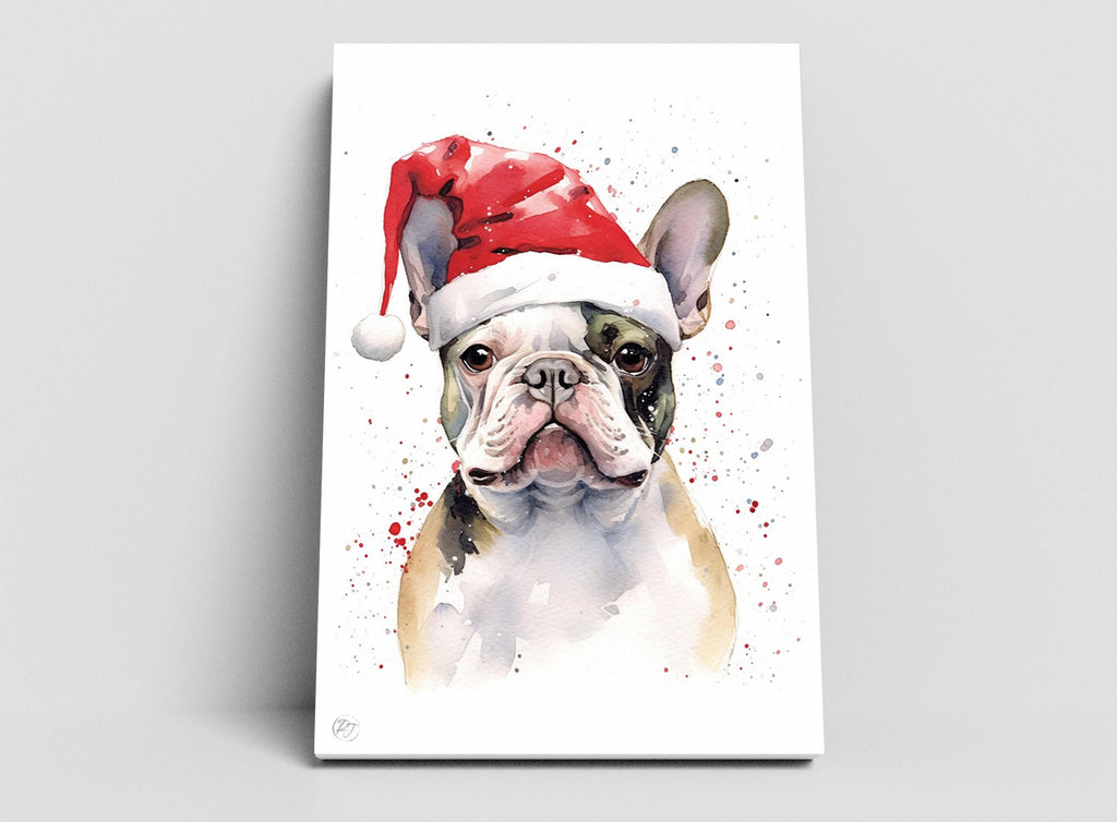 Holiday Frenchie - Watercolor French Bulldog with Santa Hat, Print on Canvas, Artist Paper, Watercolor Paper, Available in Extra Large Sizes