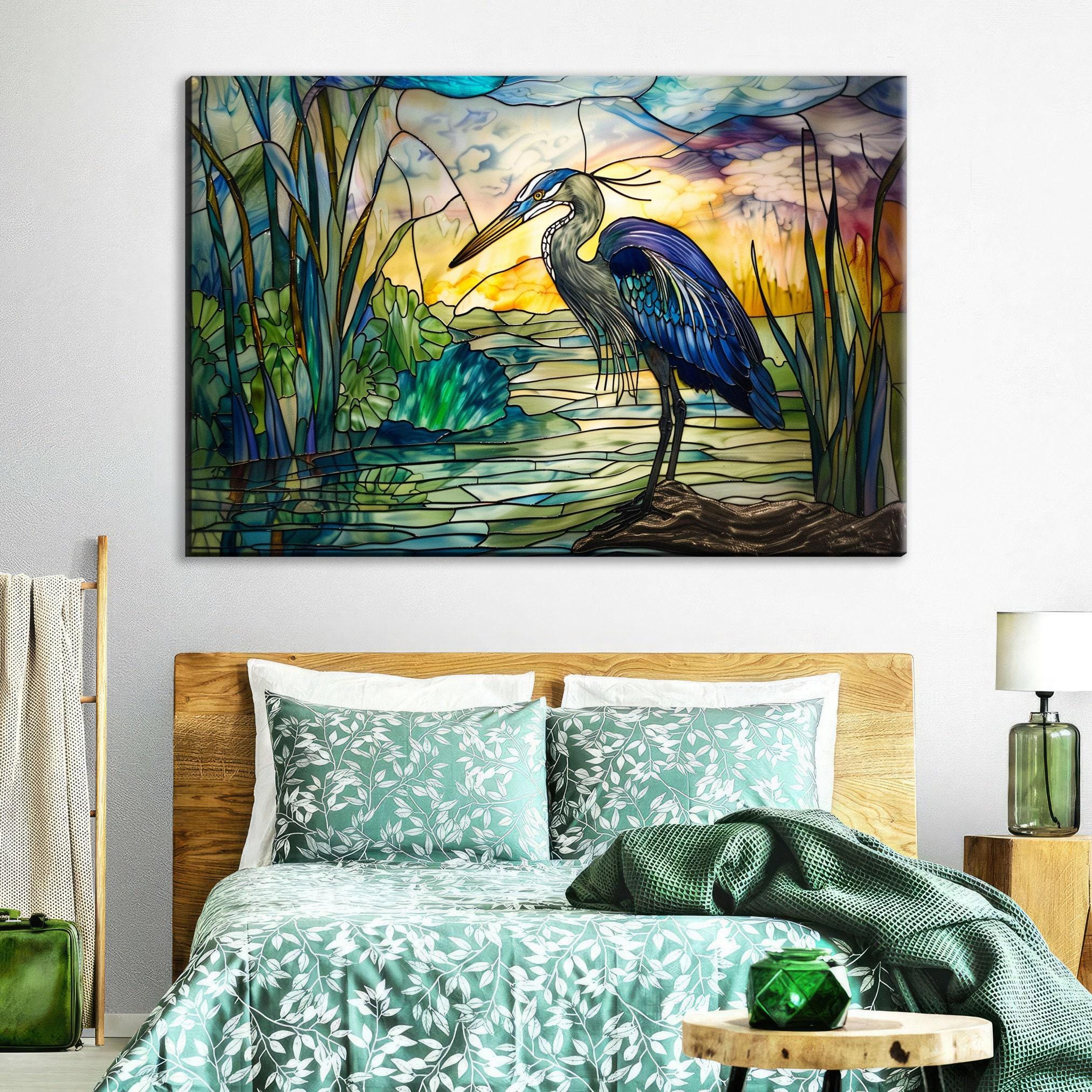 Blue Heron Wall Art - Large Stained Glass Canvas Print | Coastal Home Decor