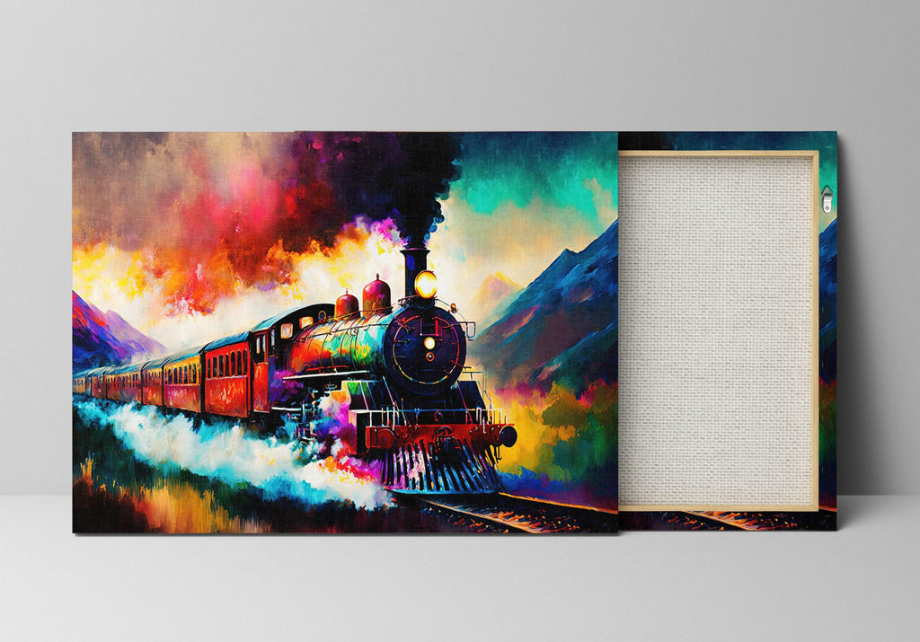 A vibrant and colorful painting depicting a steam locomotive train traveling through a mountainous landscape, with a dramatic sky in the background.
