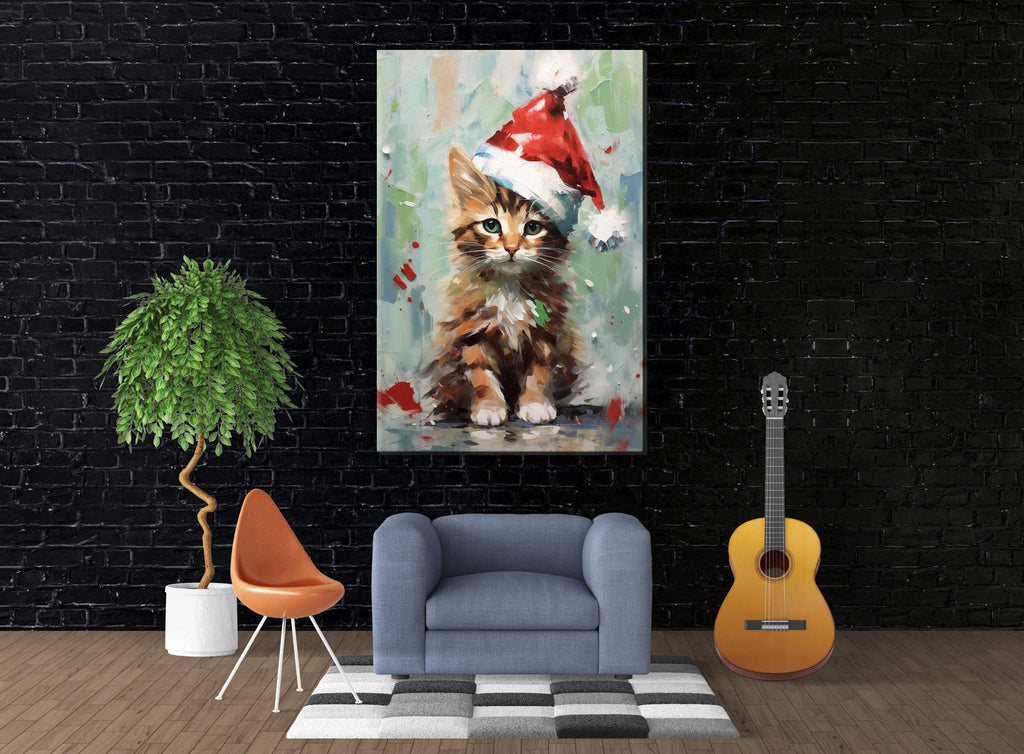 Santa Hat Kitten Painting - Festive Christmas Canvas Art | Gallery Wrapped Giclee Print