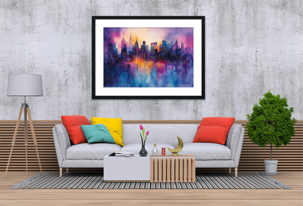 a modern living room with a gray sofa, a wooden coffee table, and a framed painting of a city skyline hanging on the wall above the sofa.