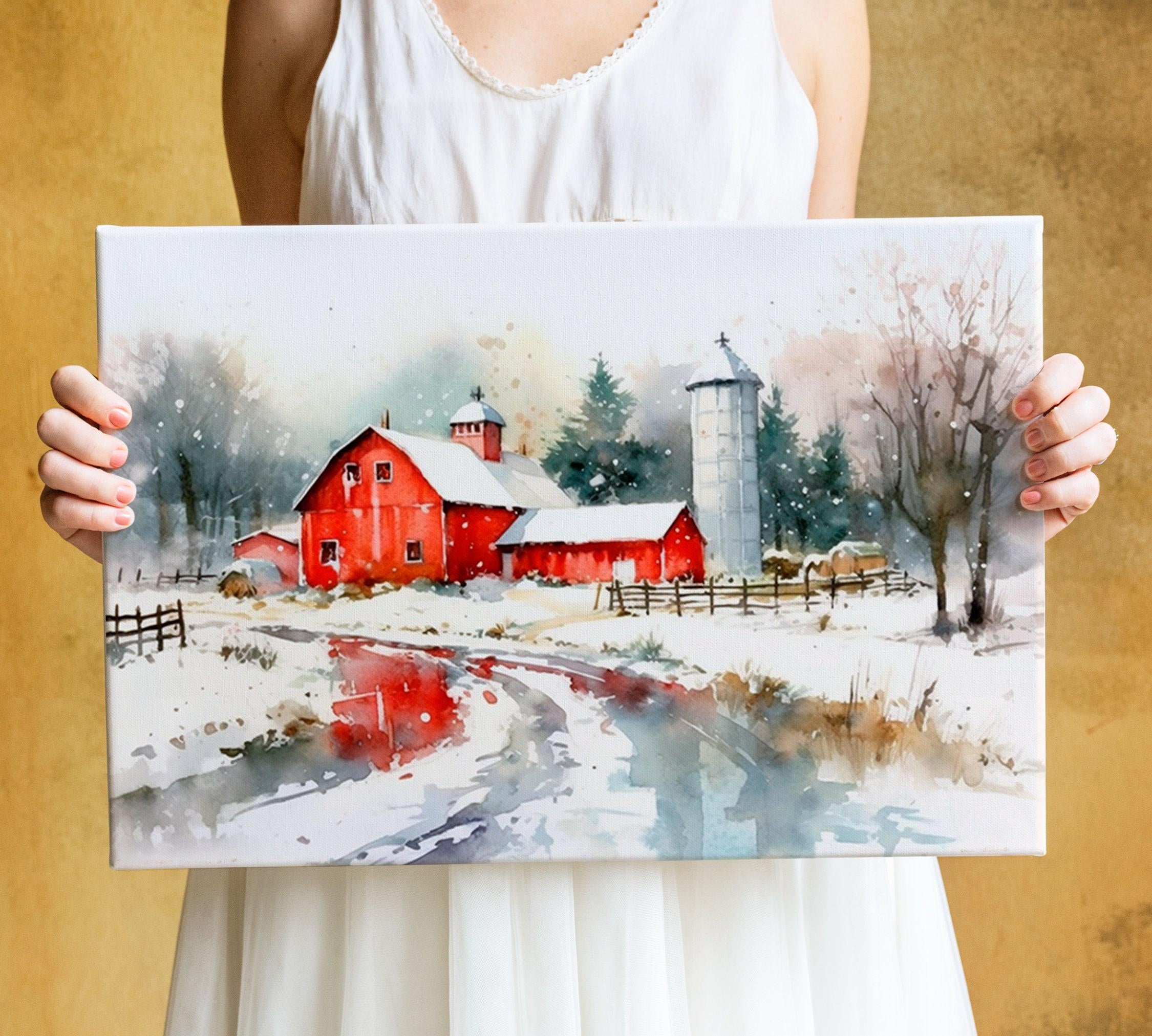 Rural Christmas Watercolor - Festive Farmhouse Art, Giclee Print on Canvas, Artist Paper, Watercolor Paper, Available in Extra Large Sizes