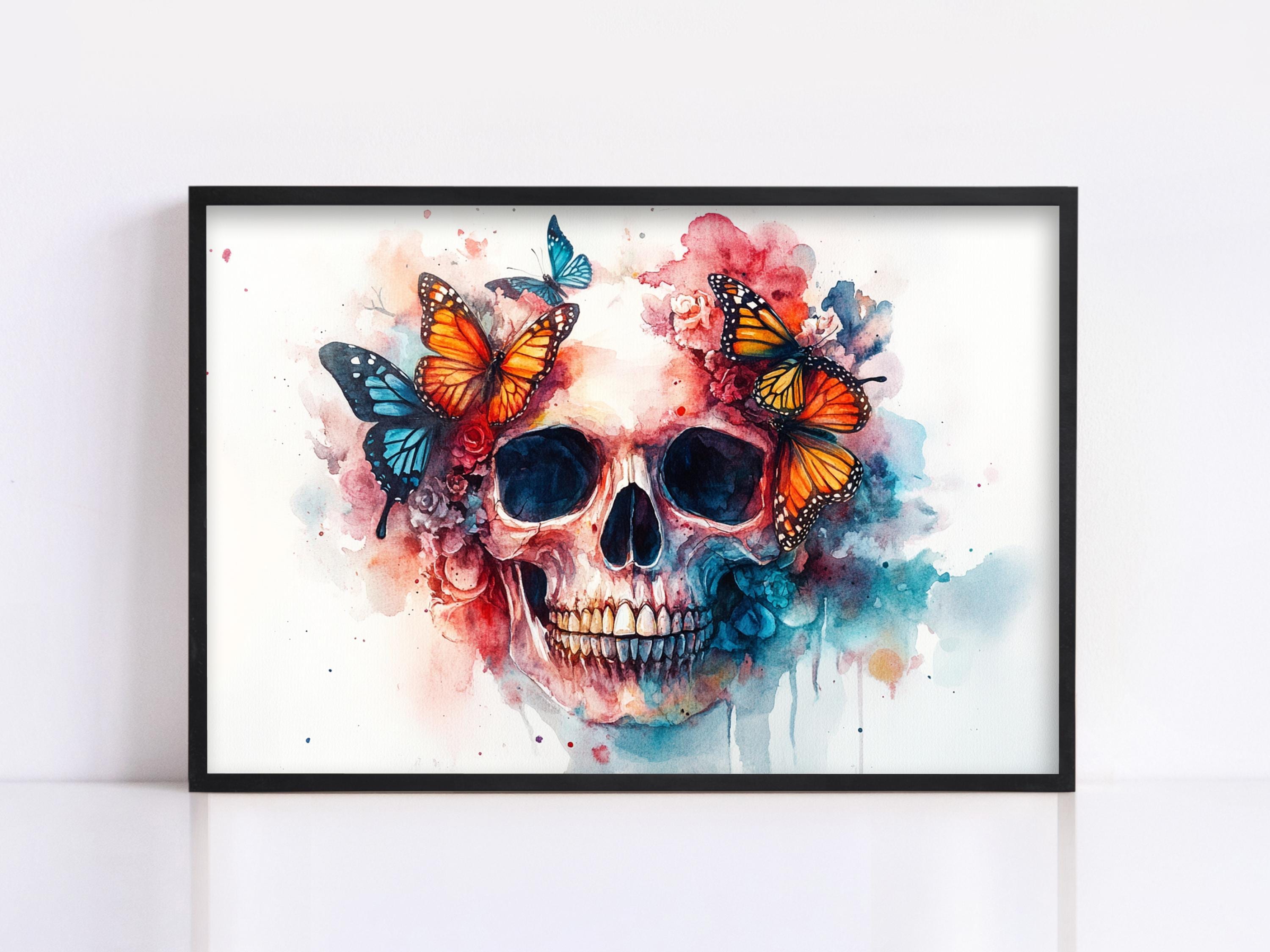 A framed watercolor painting depicting a skull surrounded by butterflies and flowers.