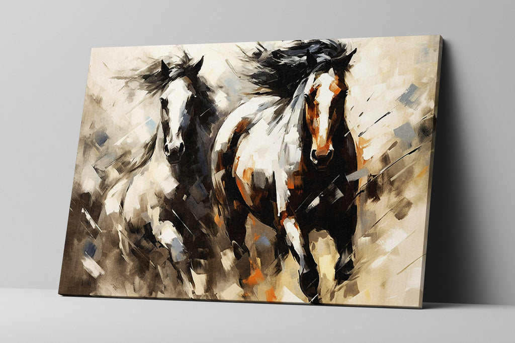 Pinto Horses Canvas - Large Gallery Wrapped Print | Running Horse Artwork with Wood Frame