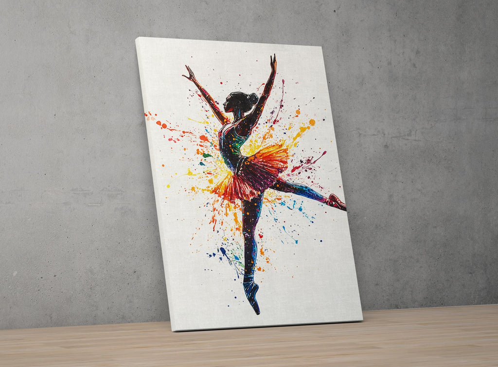 A colorful painting of a ballerina in a dynamic pose, with splashes of color surrounding her.