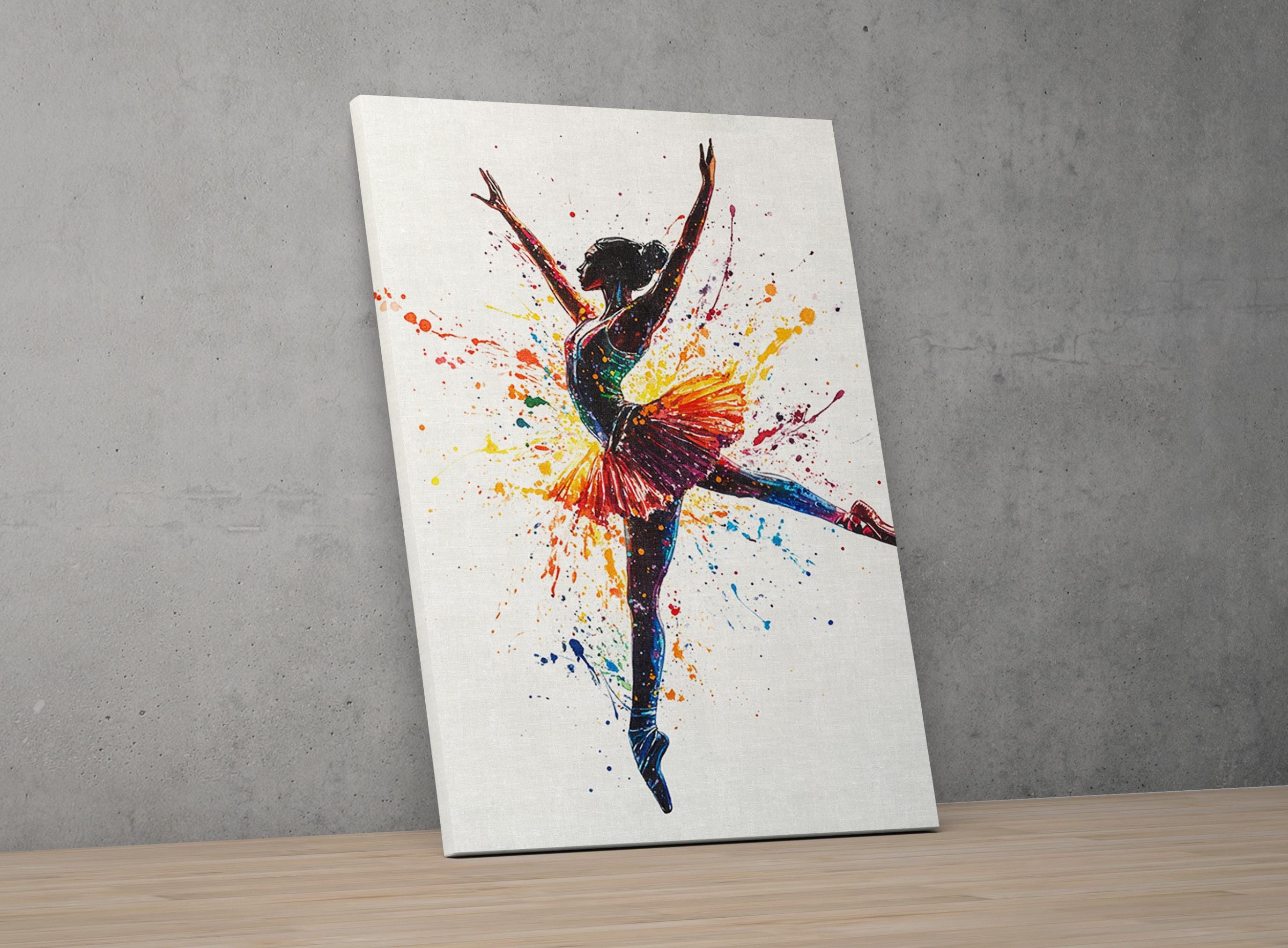 A colorful painting of a ballerina in a dynamic pose, with splashes of color surrounding her.