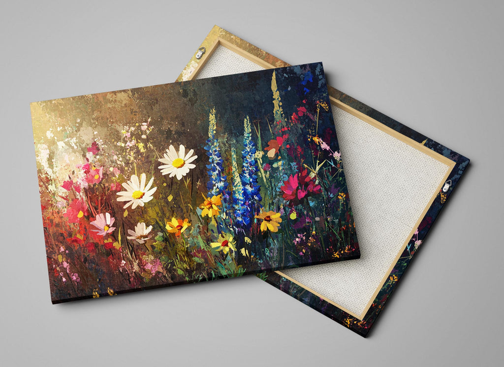 two paintings of flowers on a gray background