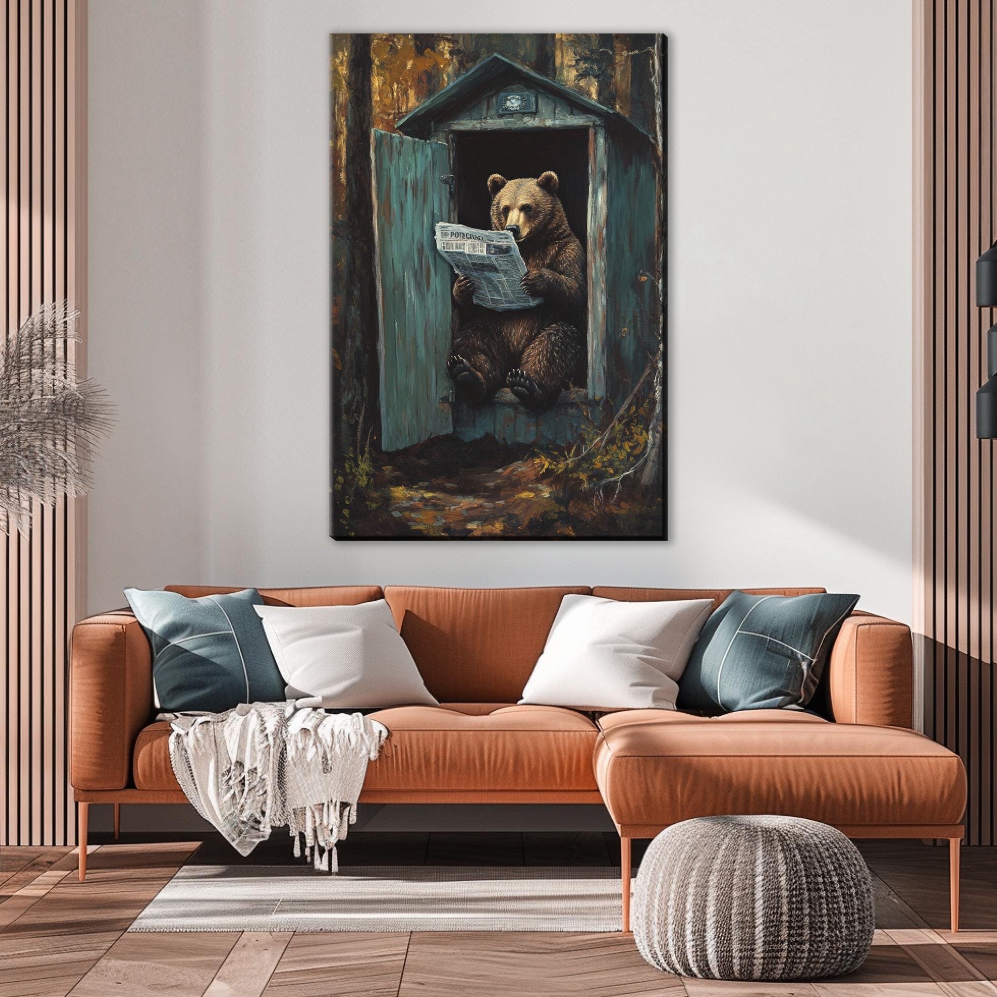 a painting of a bear holding a sign