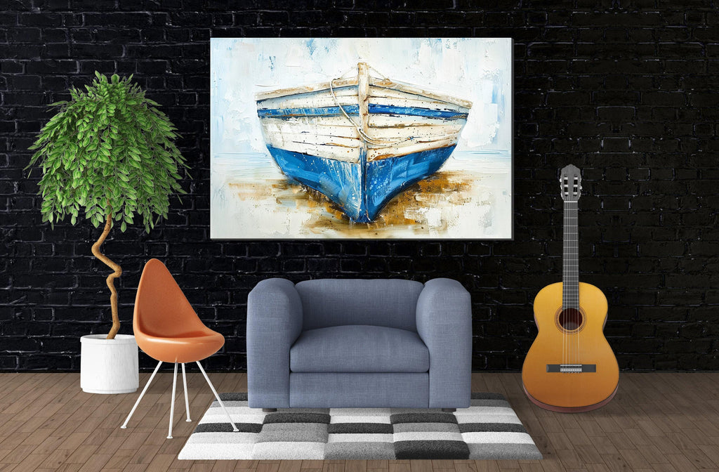 Coastal Blue White Boat - Gallery Wrapped Canvas | Extra Large Nautical Wall Art